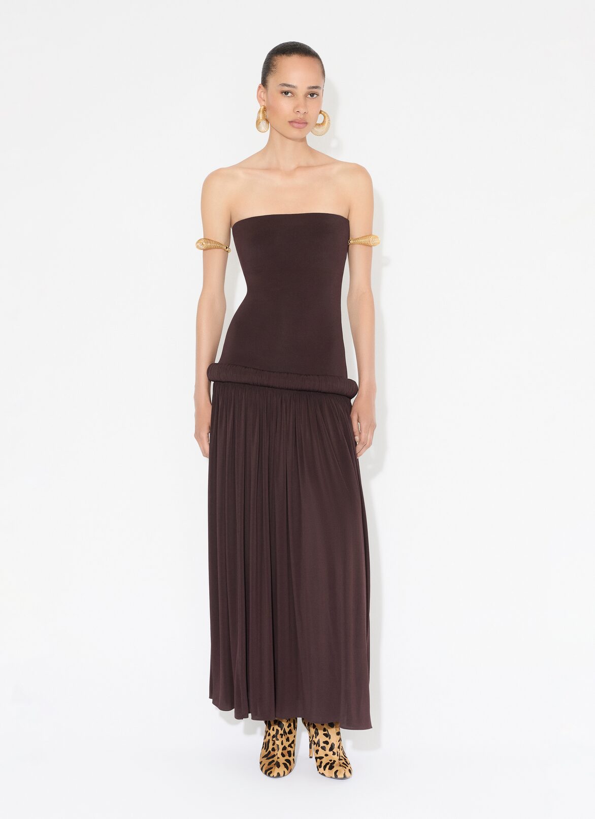 STRAPLESS DRESS IN SUPPLE JERSEY ALAÏA MAHOGANY STRAPLESS DRESS IN SUPPLE JERSEY